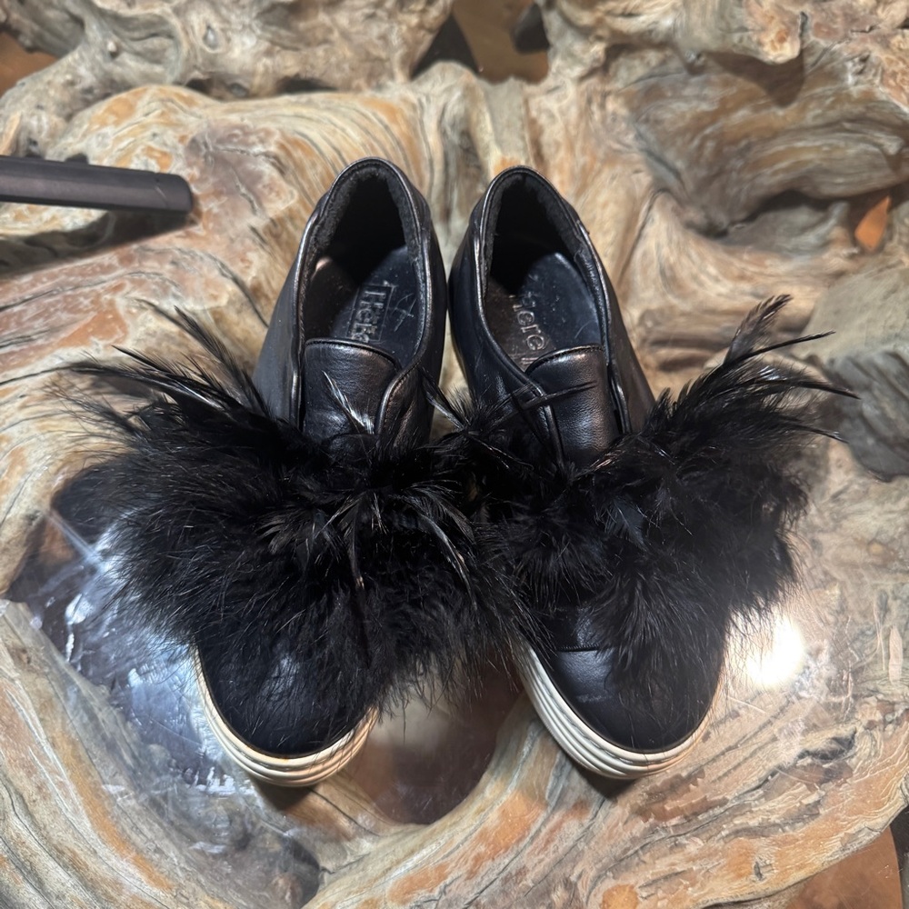 Hear/Now Pom Pom Feather & Leather Platform Slip on Sneakers